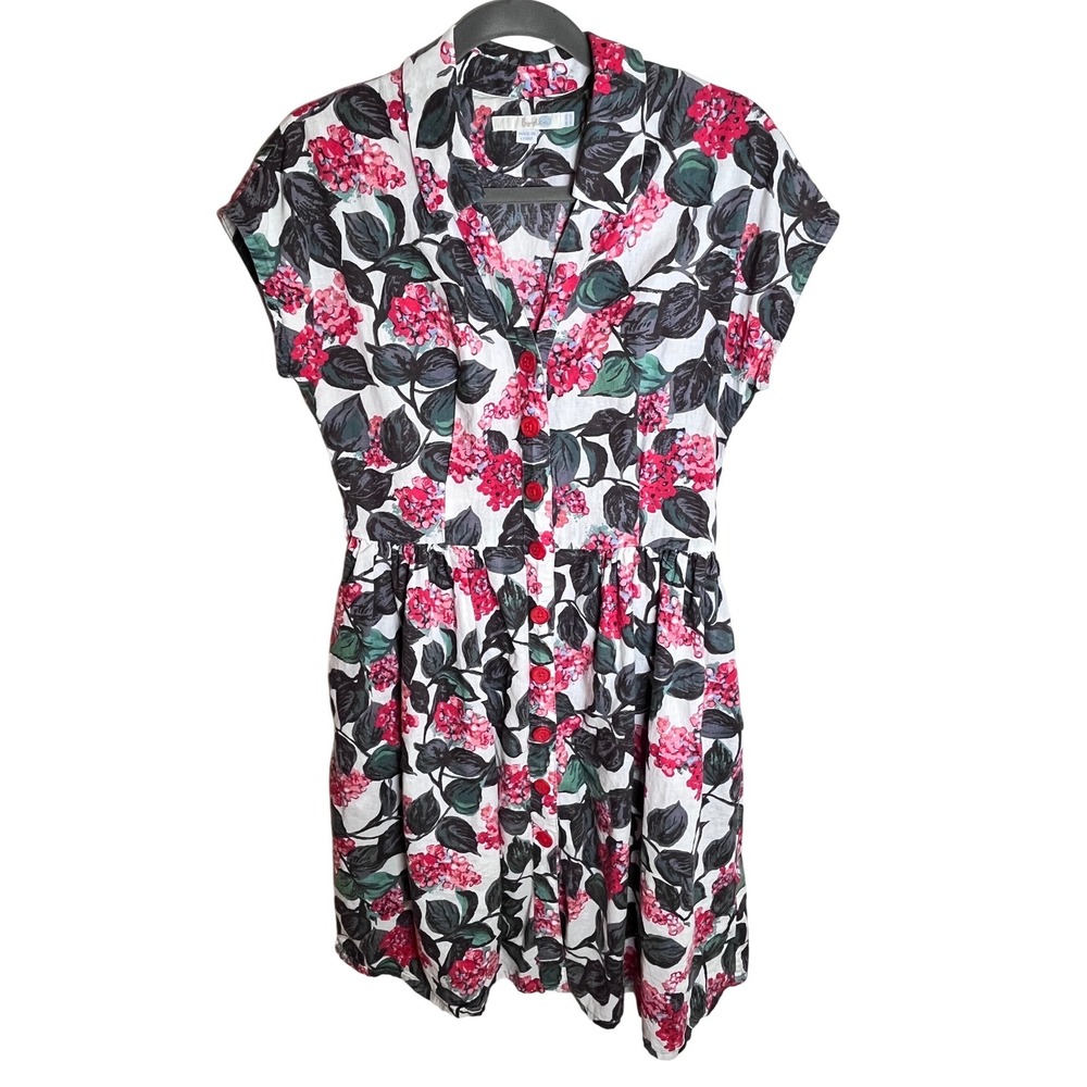Boden Seatown Retro Floral Shirt Dress Fit and Flare Red Pink Sz 10 Cottagecore